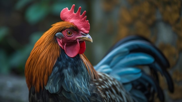 A rooster with a red comb stands in front of a green background.