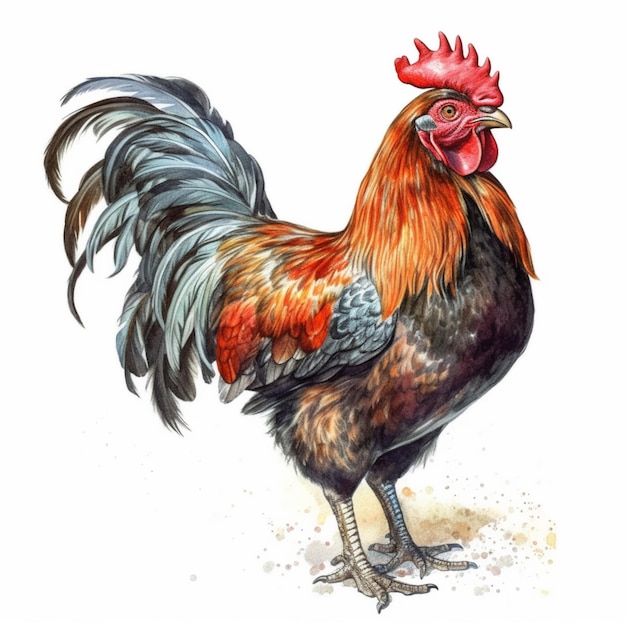 rooster with red crest and black tail standing on ground generative ai