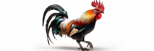 a rooster with a red head and a black tail