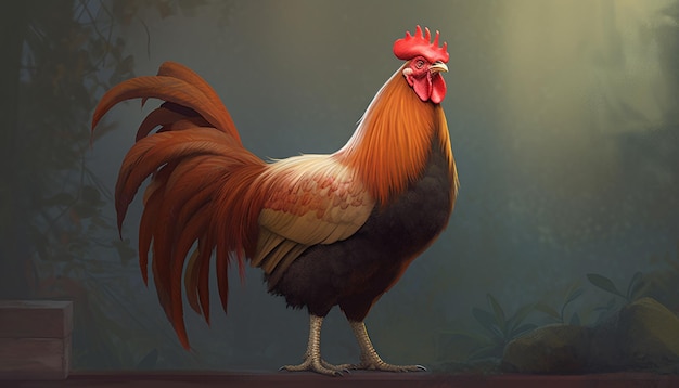 暗い背景に赤い頭と赤い尾を持つ鶏が立っています。