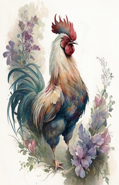 A rooster with a red head and a red tail stands in front of a bouquet of flowers.