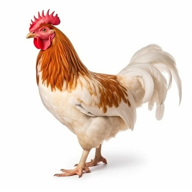 A rooster with a red head and a white head that says'chicken '
