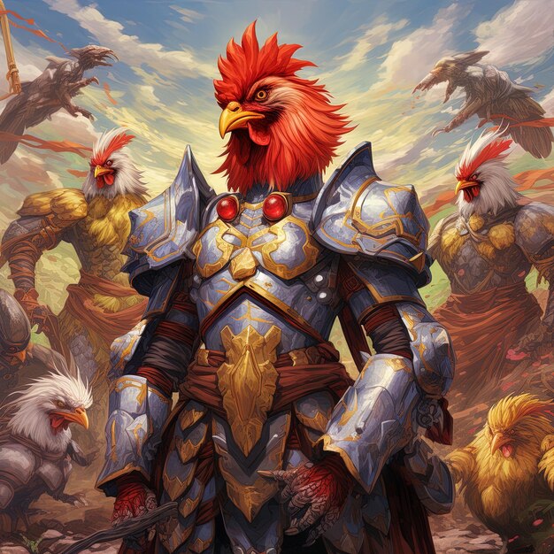 Photo a rooster with a shield and a shield on his chest stands in front of a group of chickens