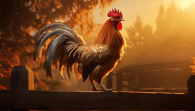 Rooster on a wooden fence at sunset in the village Beautiful rooster