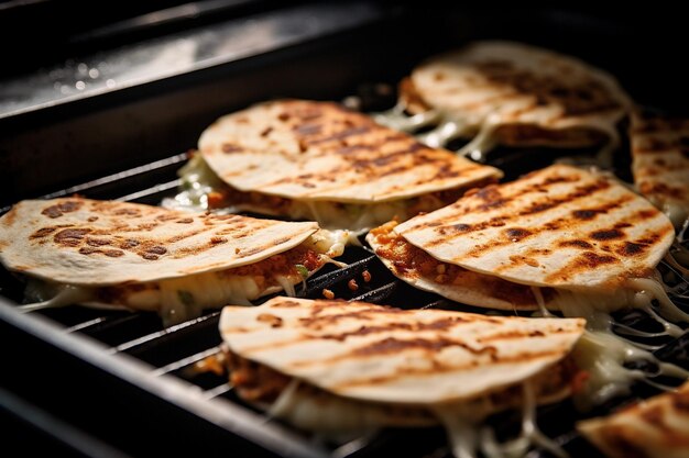 Roosteren van kaas quesadilla op een hete grill close-up shot kaas en pittige pasta als topping voor de