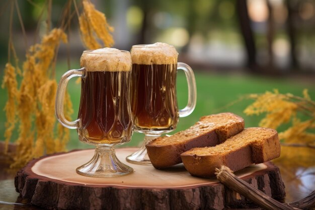 A root beer toast with clinking glass mugs outdoors created with generative ai