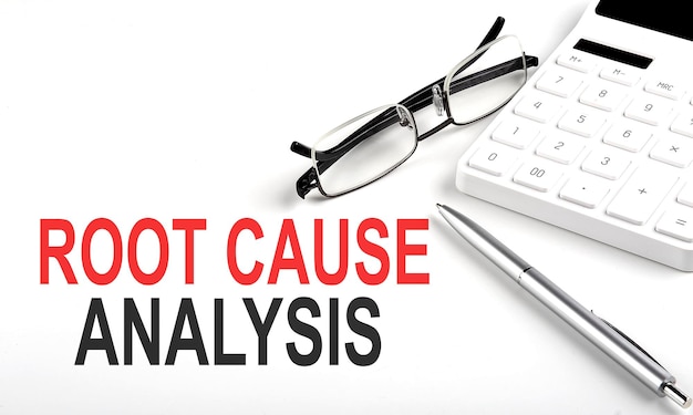 ROOT CAUSE ANALYSIS Concept Calculatorpen and glasses on white background