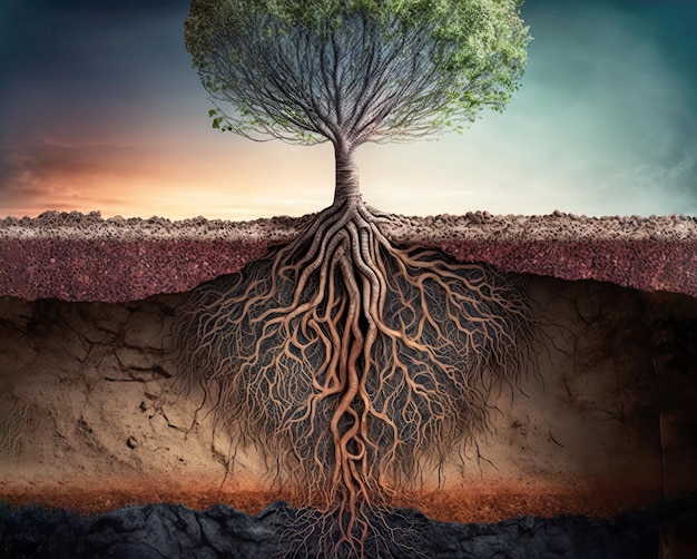 Root system of a tree growing deep through layers of soil and ro