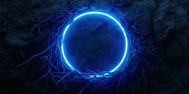 Photo roots illuminated with neon indigo light ring on dark round frame