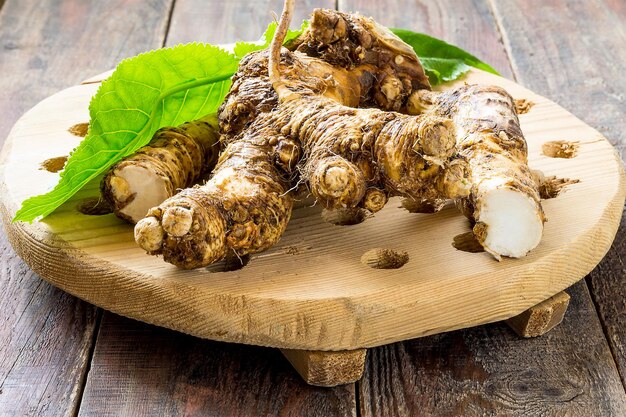 Roots and leaves of horseradish a plant with a sharp taste