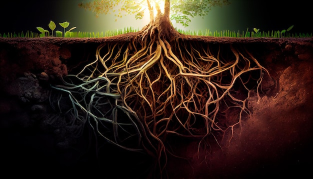 Roots of plant growing underground close up layers of soil cross Generative AI