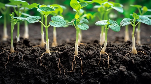 ROOTS WITH LEAVES OF FRESH SOY GERMINATED SOYBEAN SPROUTS IN THE SOIL Healthy organic food