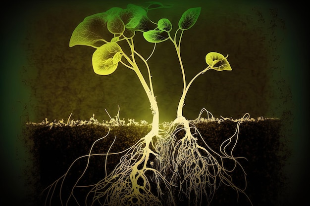 Roots on young green soybean plants