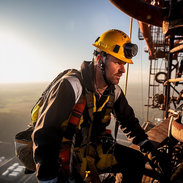 Photo rope access boilermaker abseiler with safety harness