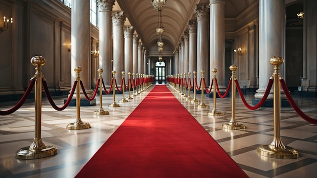 between rope barricades a length of red carpet