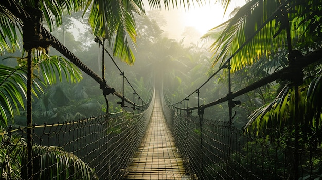 Photo rope bridge in misty jungle with palms generative ai