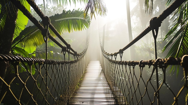 Photo rope bridge in misty jungle with palms generative ai