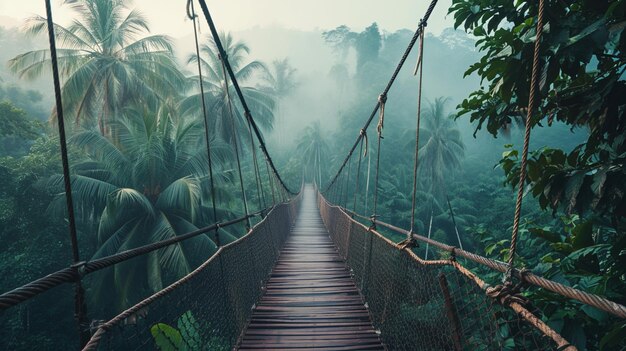 Photo rope bridge in misty jungle with palms generative ai