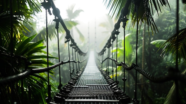 Photo rope bridge in misty jungle with palms generative ai