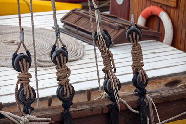 Rope pulleys of an old Norwegian fishing boat