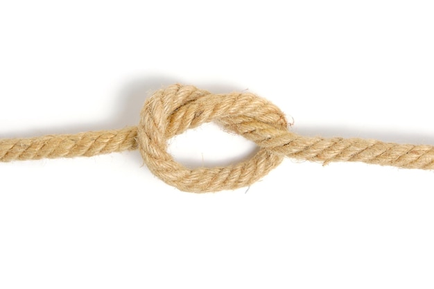 Rope tied into knot white background