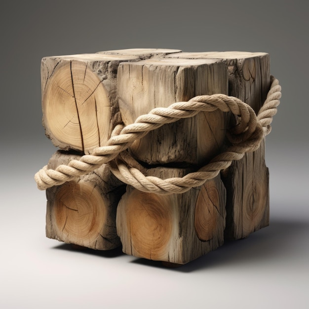 A rope tied on a perfectly cubic wooden log