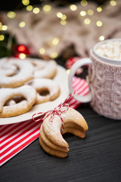 Rope tied pile of traditional german or austrian vanillekipferl vanilla kipferl cookies