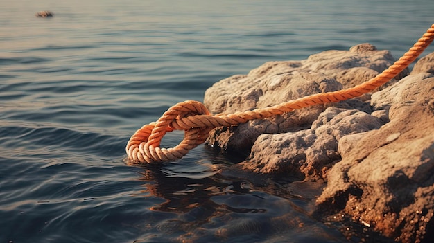 Photo a rope tied to a rock with the ocean in the background