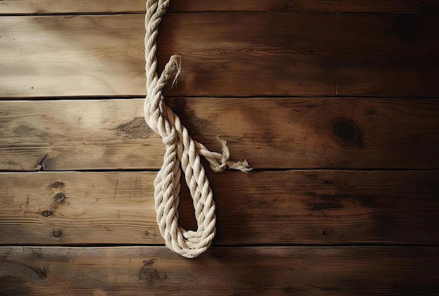 Photo a rope tied to a wooden board with a knot on the right side