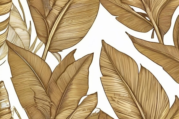 ロピカル リーフ壁紙豪華な自然の葉のパターン デザイン黄金のバナナの葉のライン アート手描きの輪郭