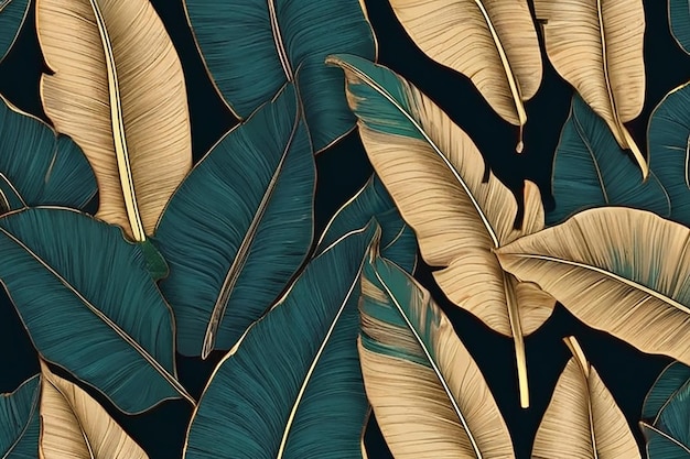 ropical leaf Wallpaper Luxury nature leaves pattern design Golden banana leaf line arts Hand drawn outline