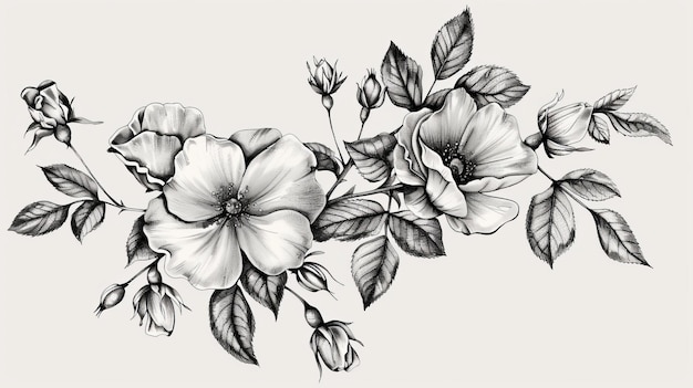 ロザ・カニナの花のスケッチ 黒と白のラインアートイラスト