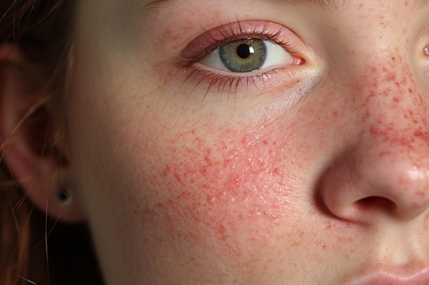 Rosacea op het gezicht van een vrouw close-up