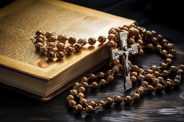 Photo rosary beads resting on a bible