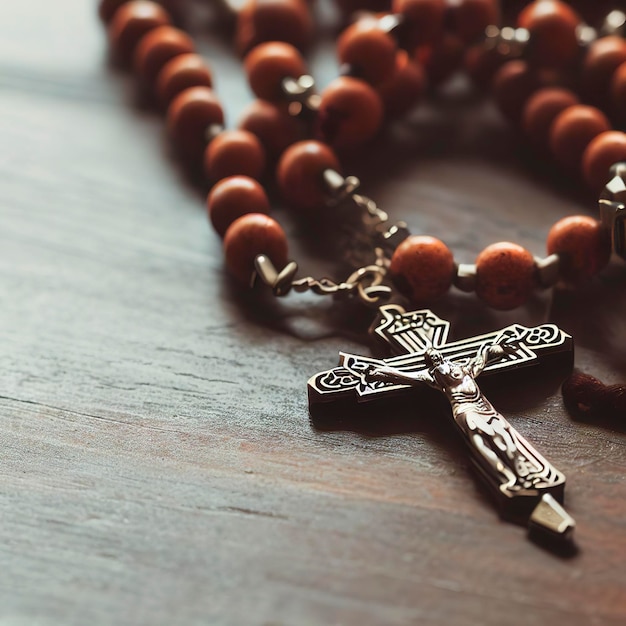 Rosary catholic cross on wooden table