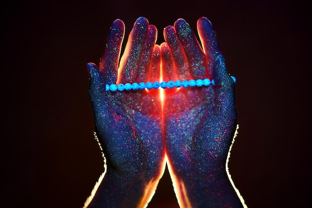 Rosary in hand, prayer. light through the palms of your hands
in ultraviolet, god and religion, beads. divine light through your
fingers, prophet muhammad