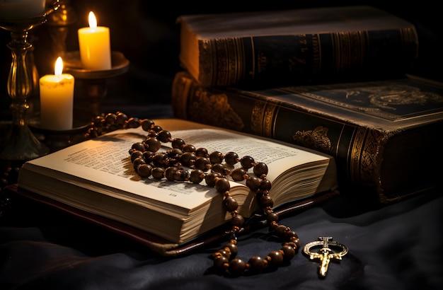 Rosary Laying on an Open Book with Candles
