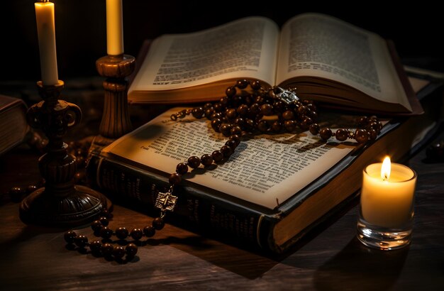 Rosary Laying on an Open Book with Candles