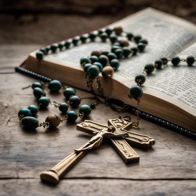 a rosary with a cross on the top of it is open to the bible