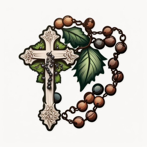Foto rosario con una foglia e una croce su una catena generativa ai