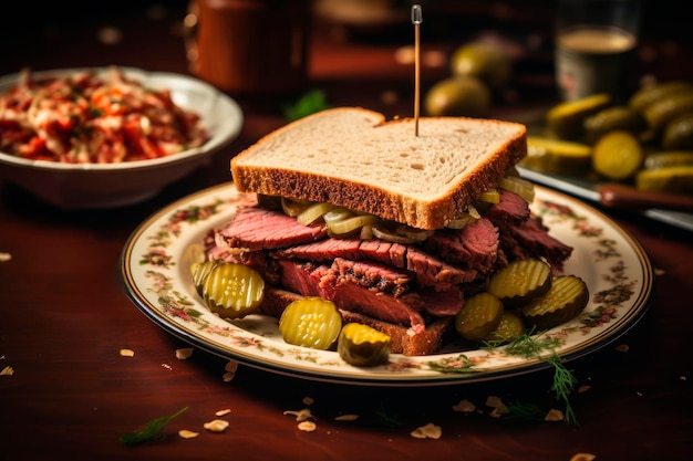 Rosbiefsandwich met augurken op een bord en houten tafel