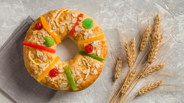 Roscon de reyes epiphany dessert with wheat