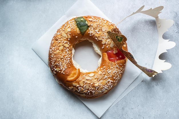 Roscon de Reyes festive Spanish baking Top view