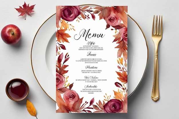 Rose autumn watercolor wedding menu card template