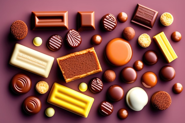 Розовый фон с различными видами шоколада и конфет