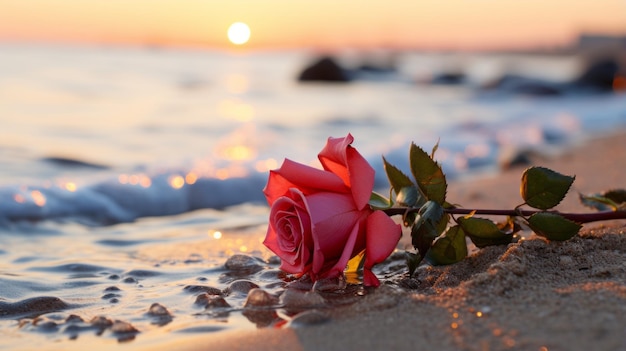 A rose on the beach at sunset