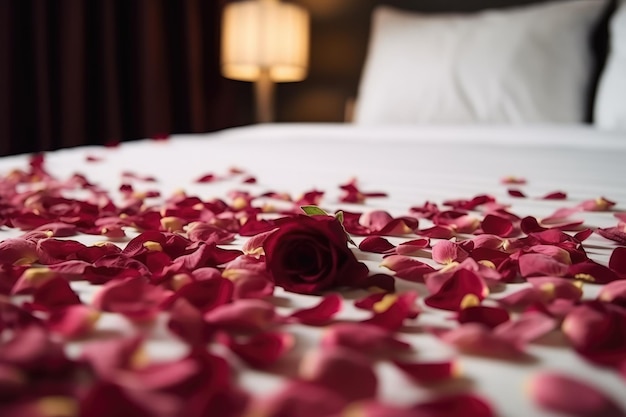 Rose on the bed in the hotel rooms generated with ai