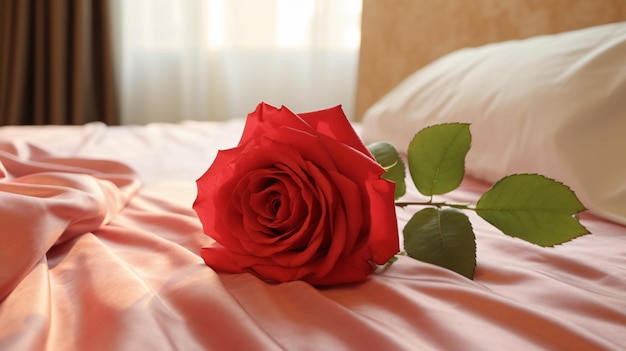 ホテルの部屋のベッドの上のバラ