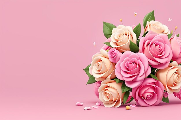 Foto bouquet di rose su sfondo rosa con spazio di copia