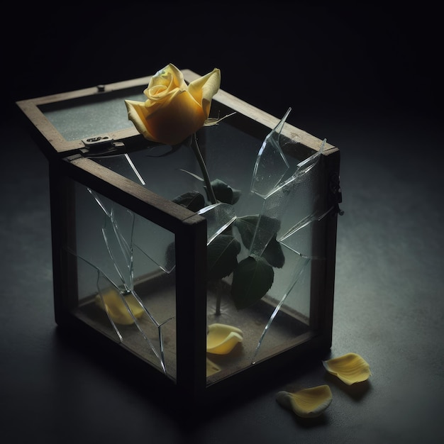 a rose in a broken glass box